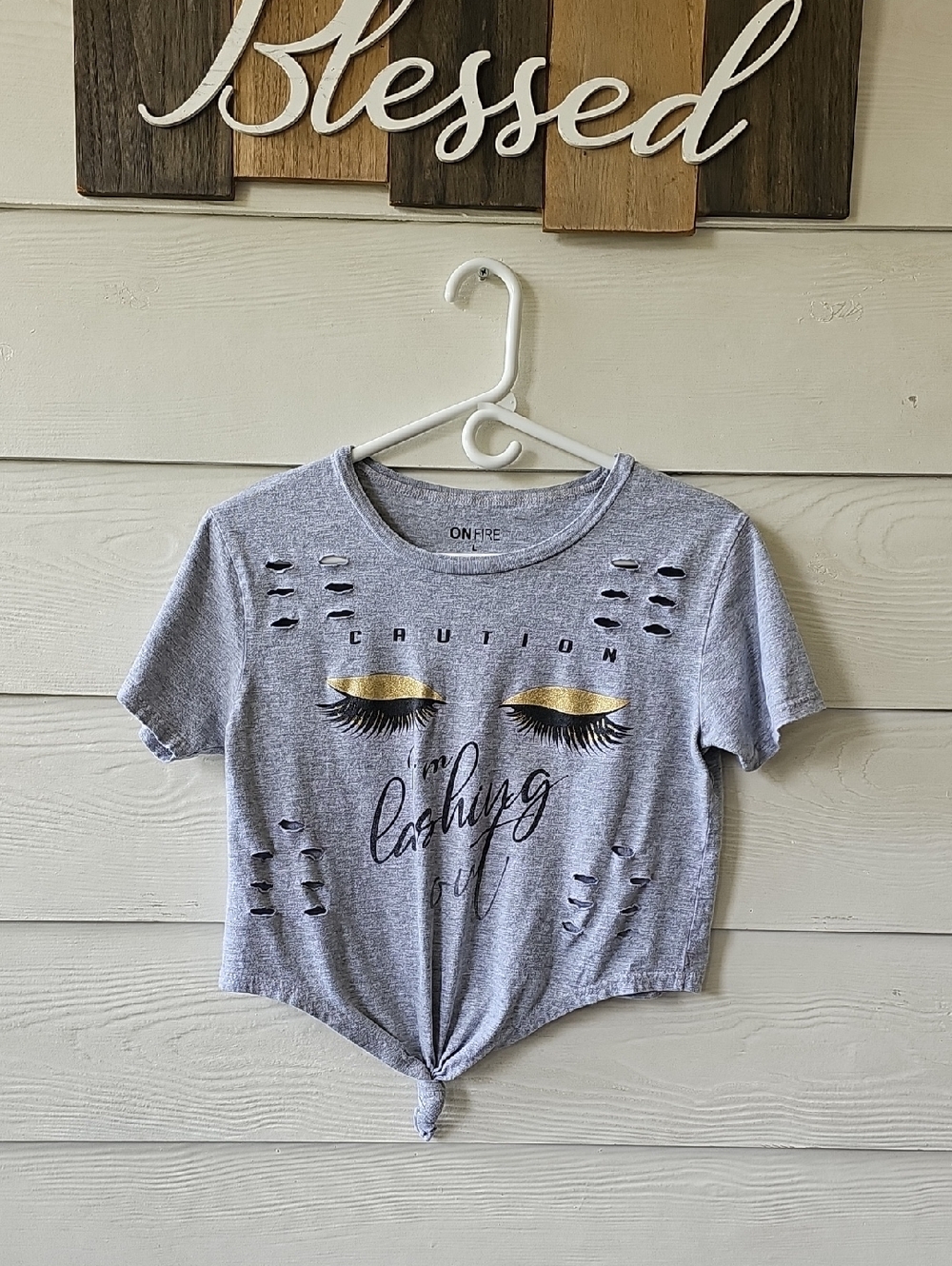 On Fire Girls' Gray Gold Accent Knot-Front Tee